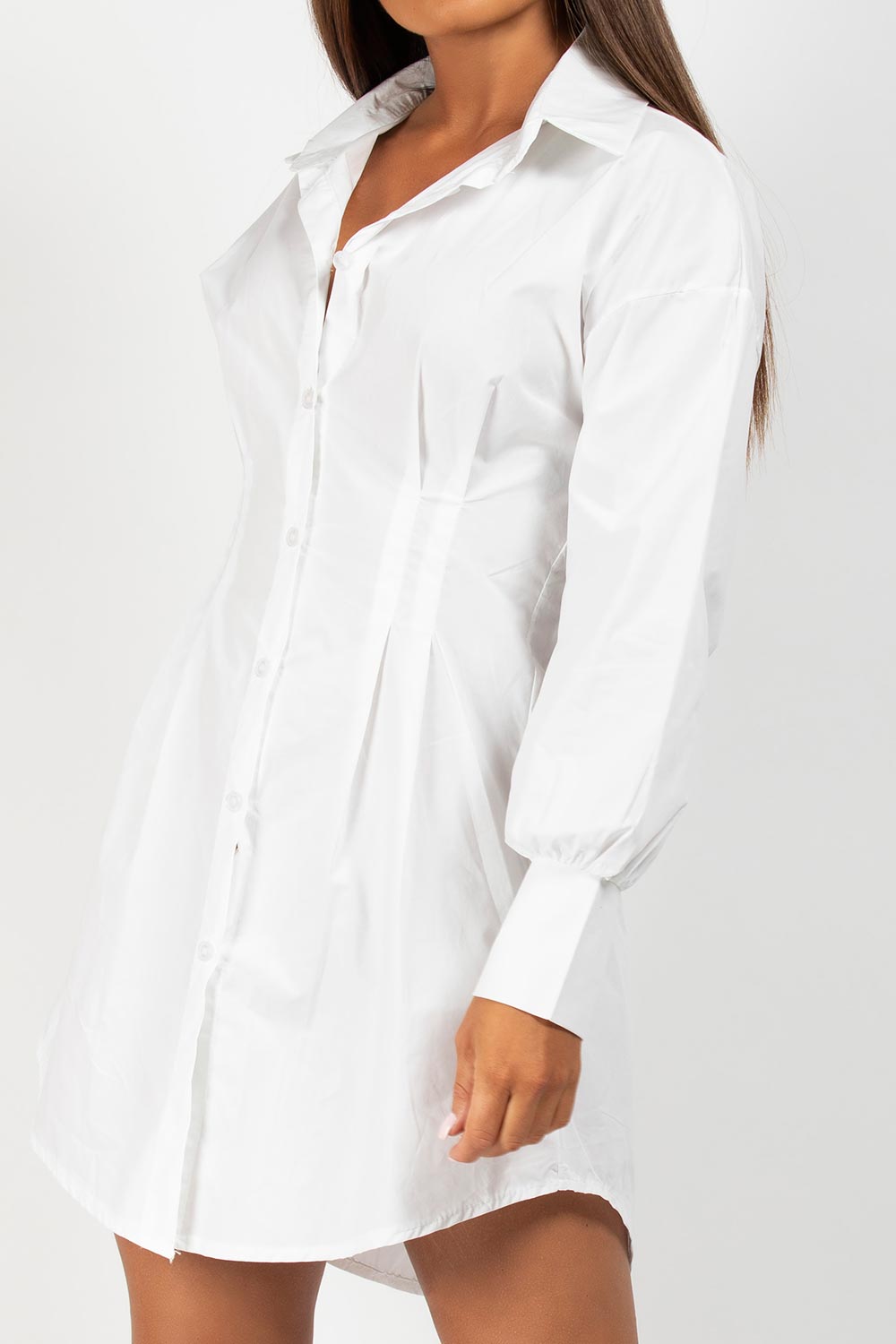 white cinched waist shirt dress