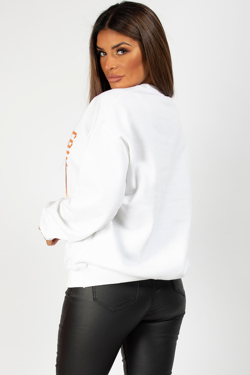 white sweatshirt with couture graphic slogan