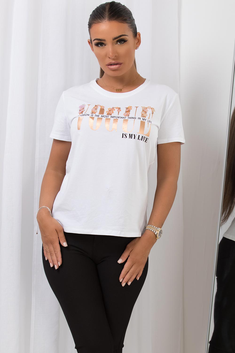 diamante vogue slogan t shirt white
