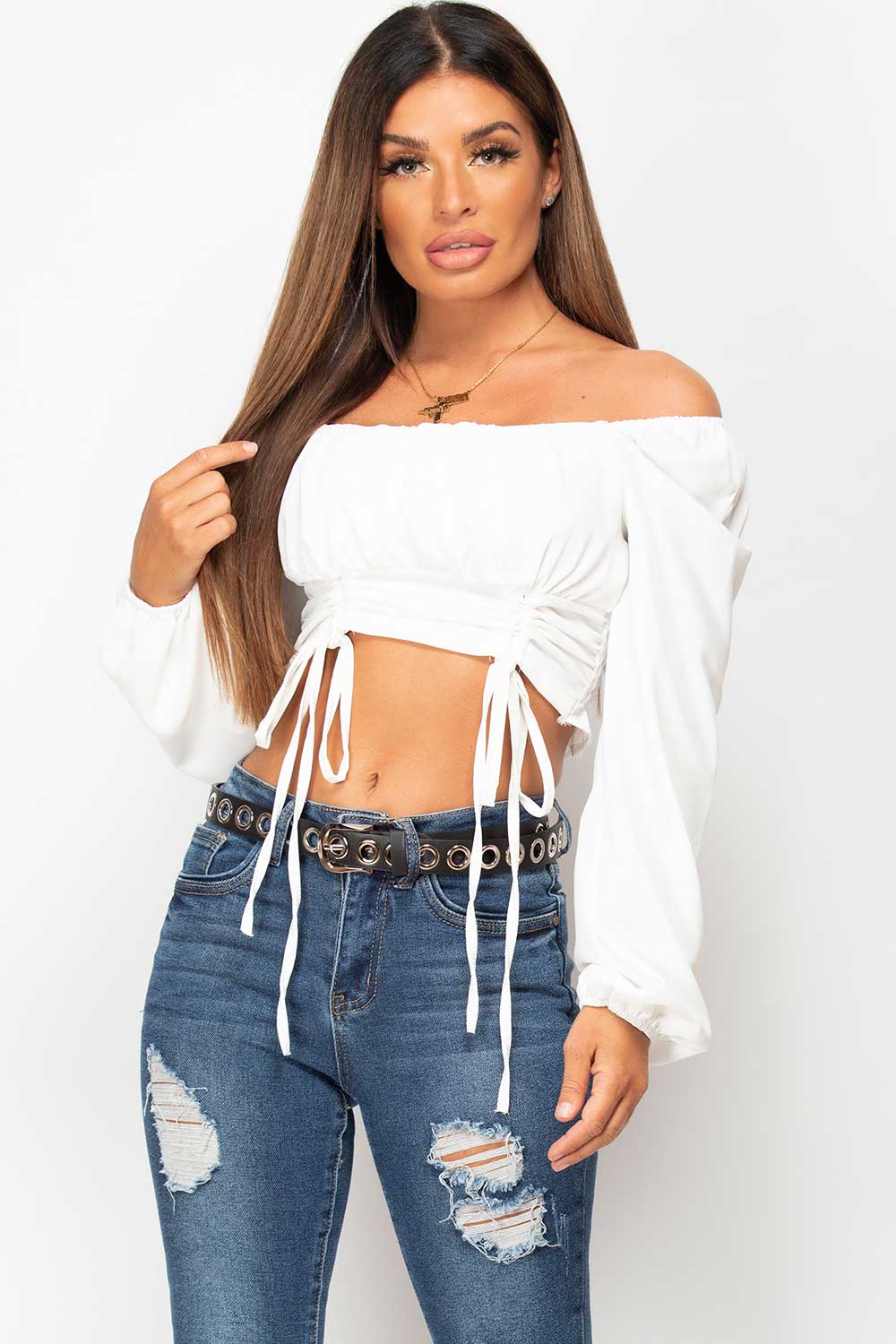 white long sleeve ruched front top