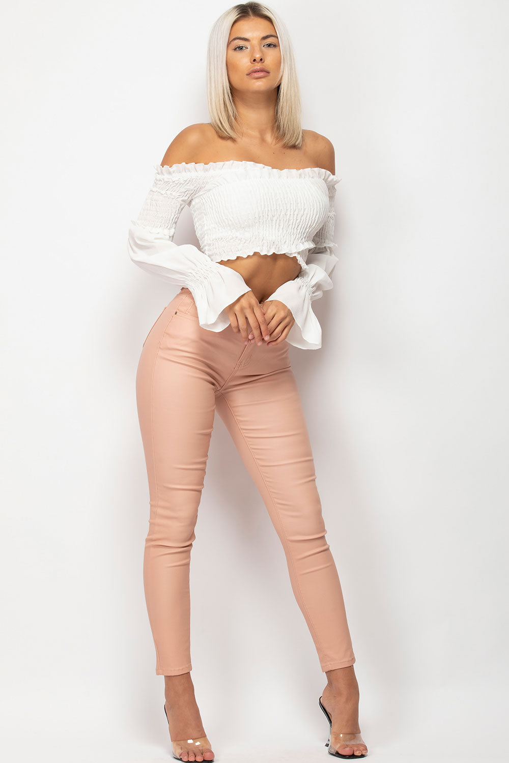 pink leather look trousers