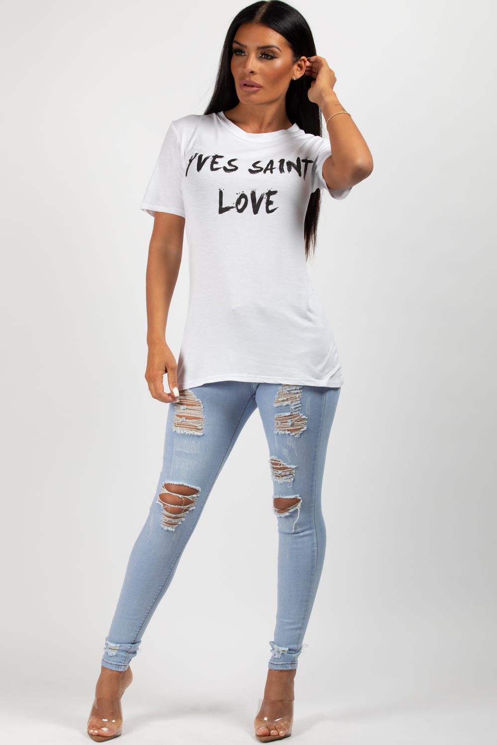 yves saint love slogan tee shirt white