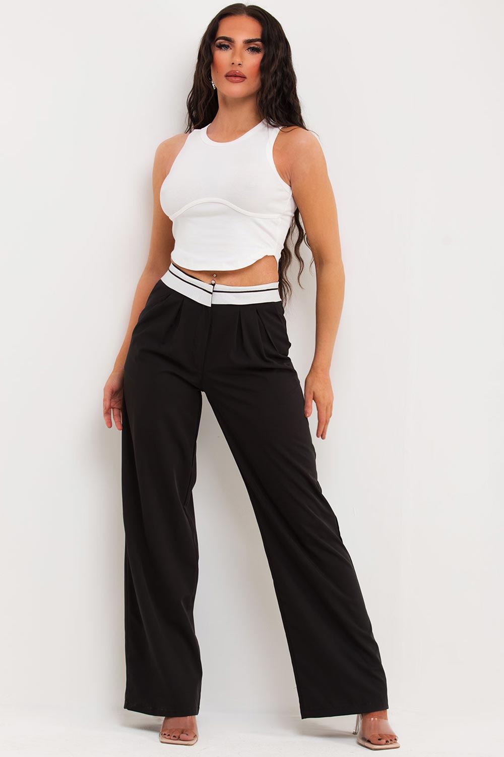 womens fold over waist wide leg trousers