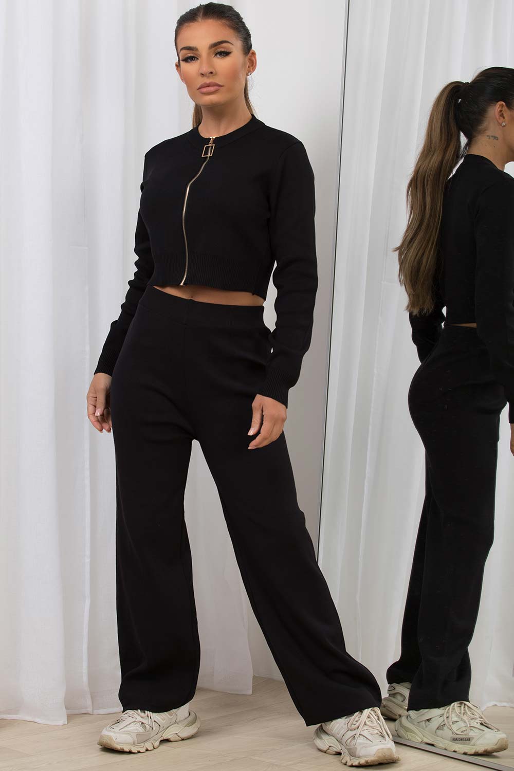 black ribbed co ord with wide legs womens