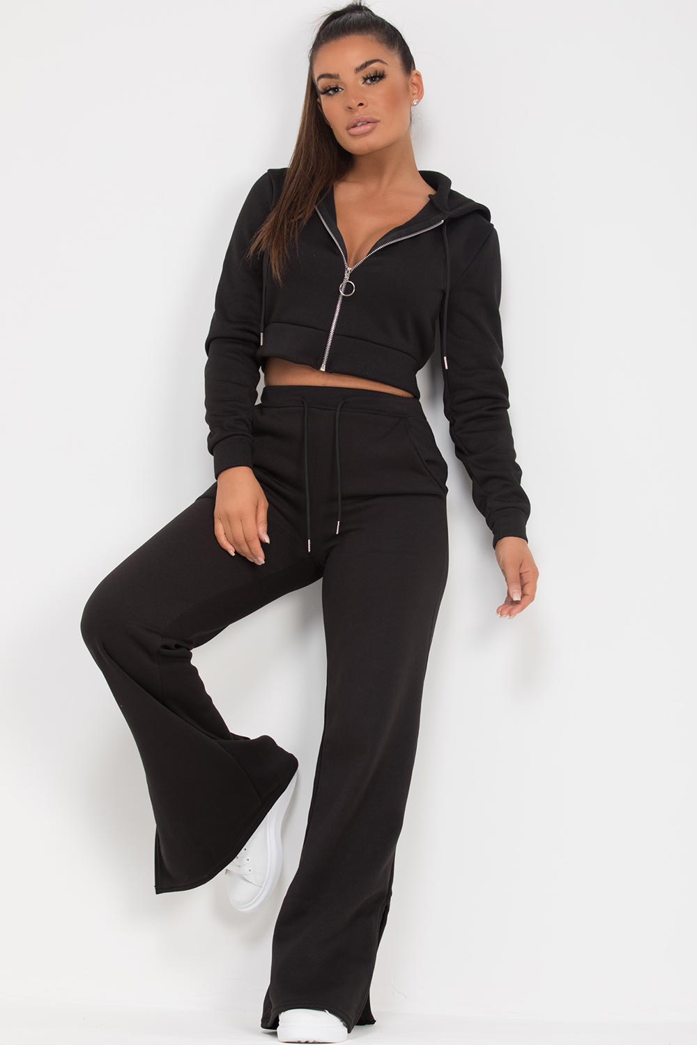 black wide leg joggers and crop hoodie set