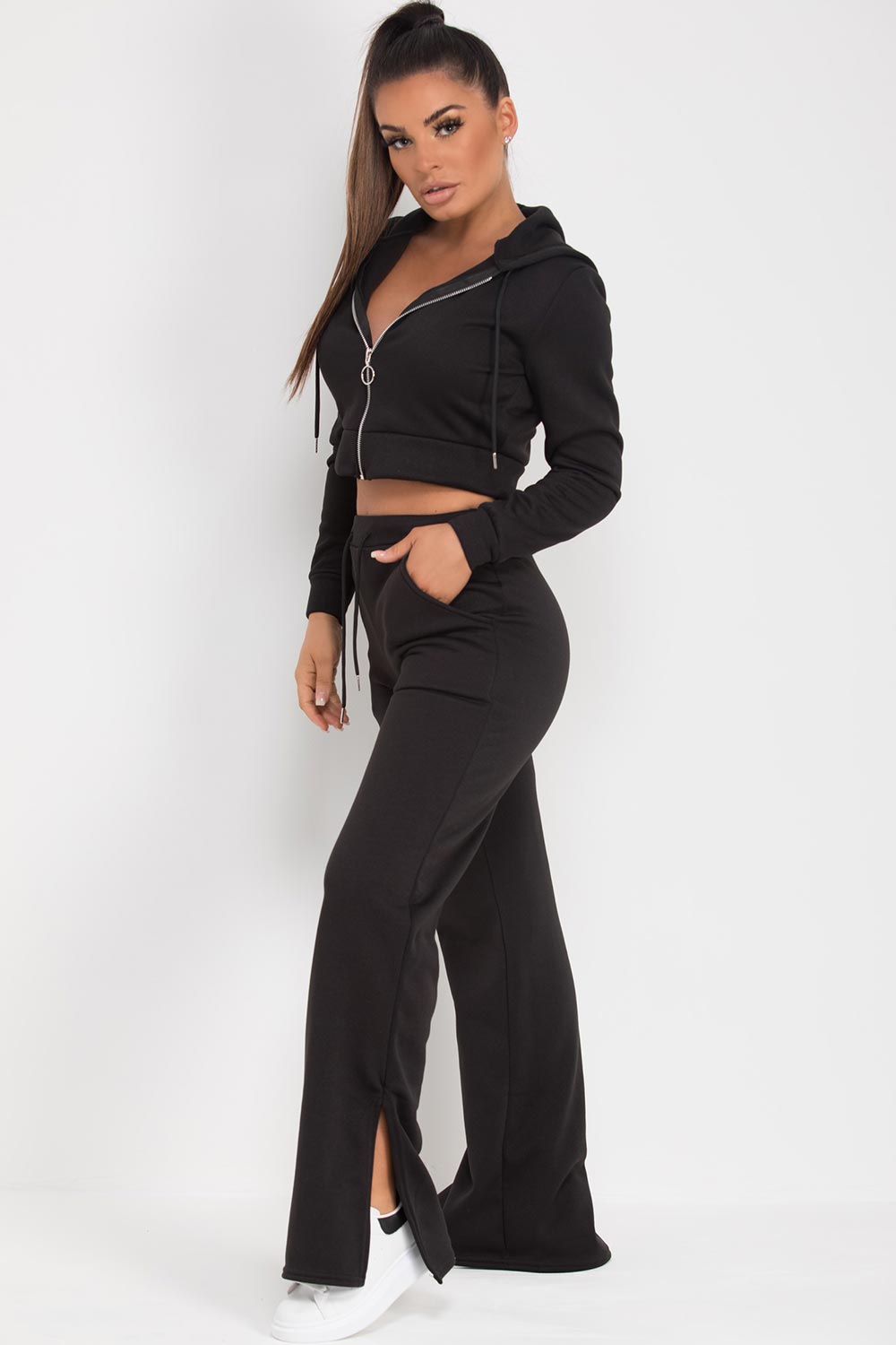 black crop hoodie and wide leg joggers set
