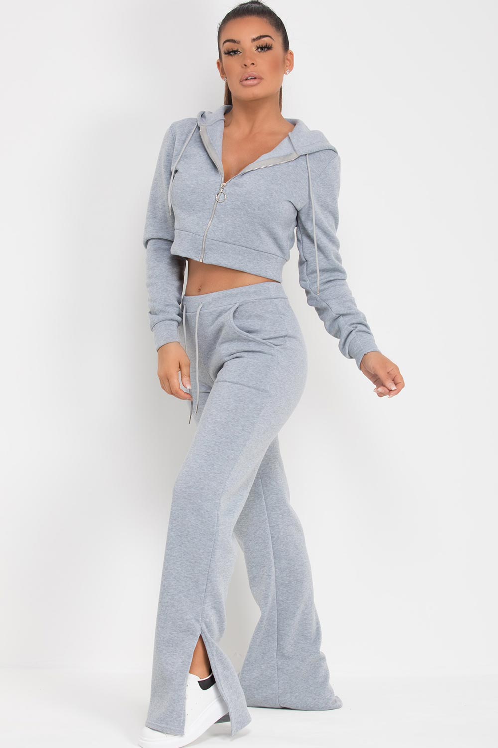 wide leg jogging bottoms and crop hoodie lounge set grey