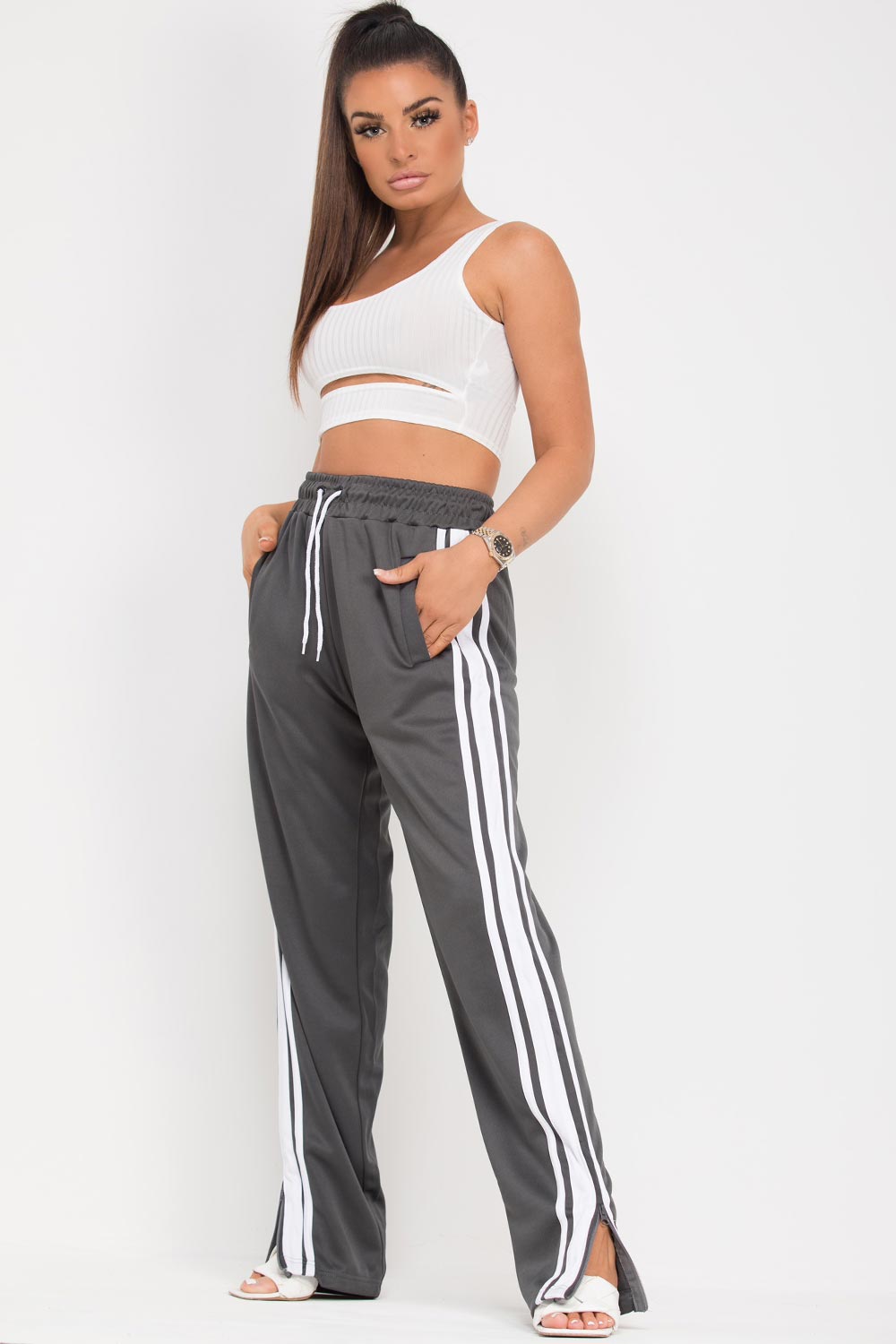 wide leg split hem joggers grey