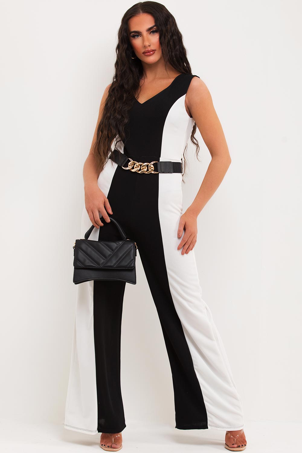 wide leg jumpsuit with gold belt