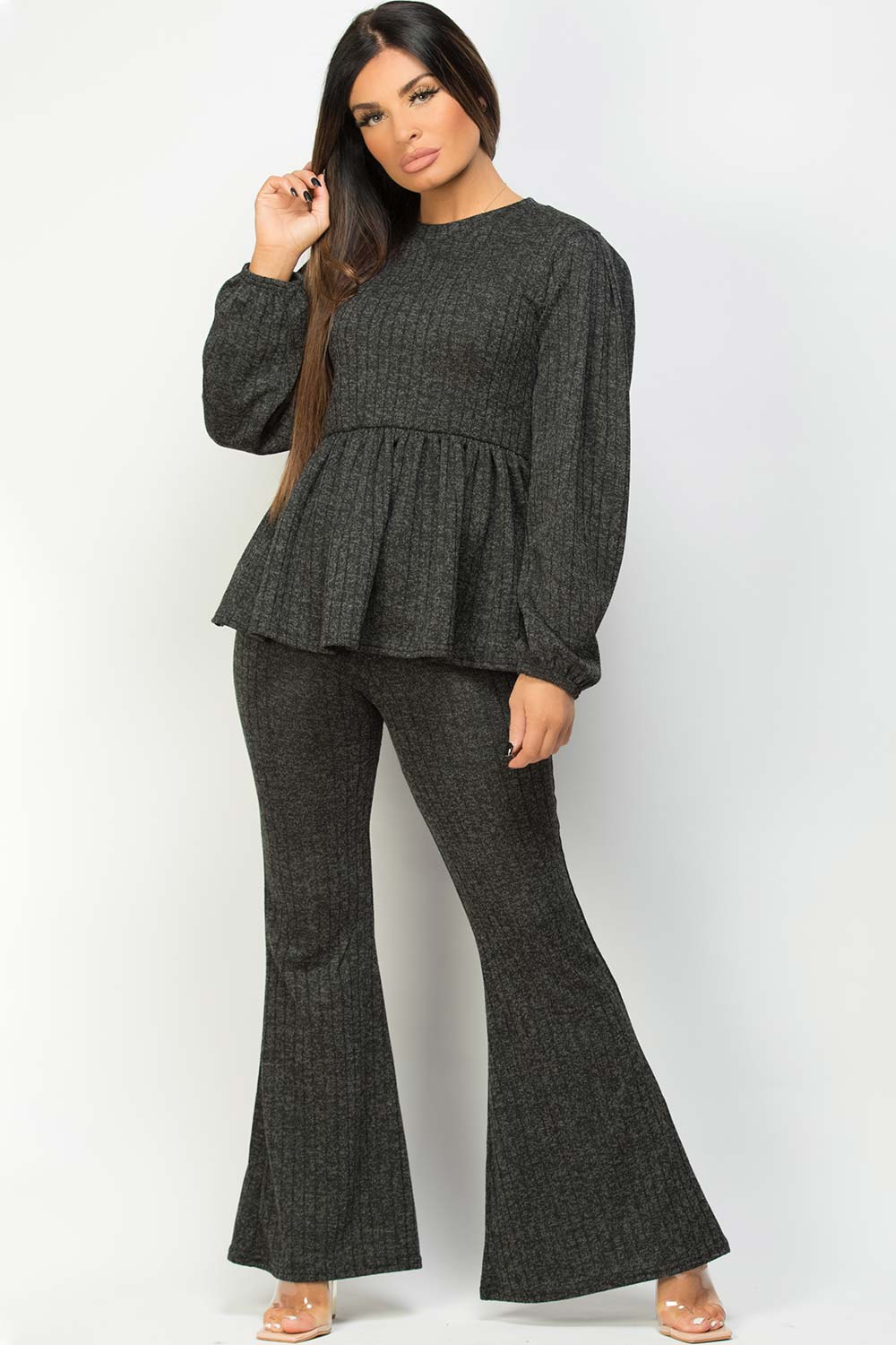 wide leg ribbed pants and peplum top