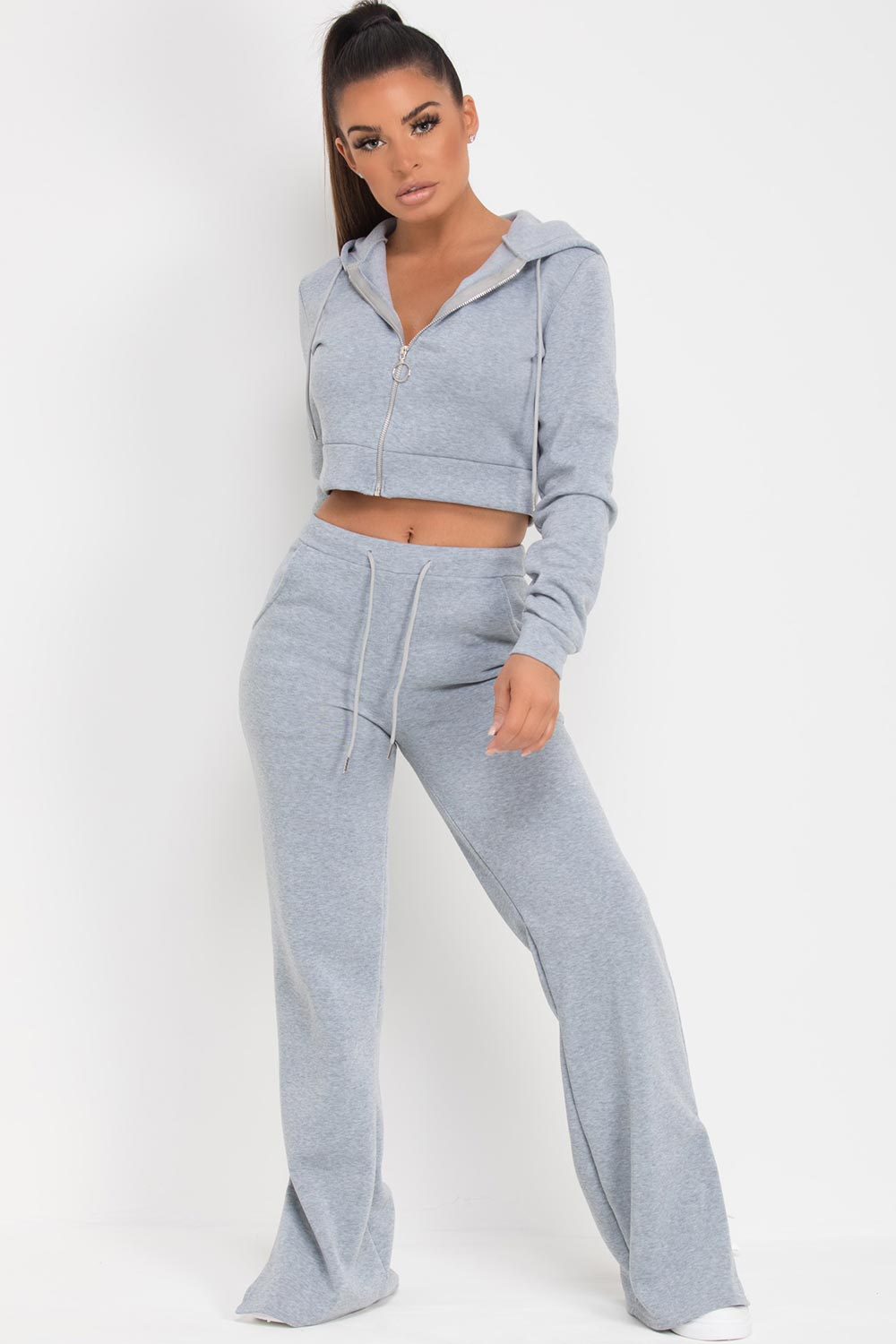 grey wide leg joggers and crop hoodie loungewear set