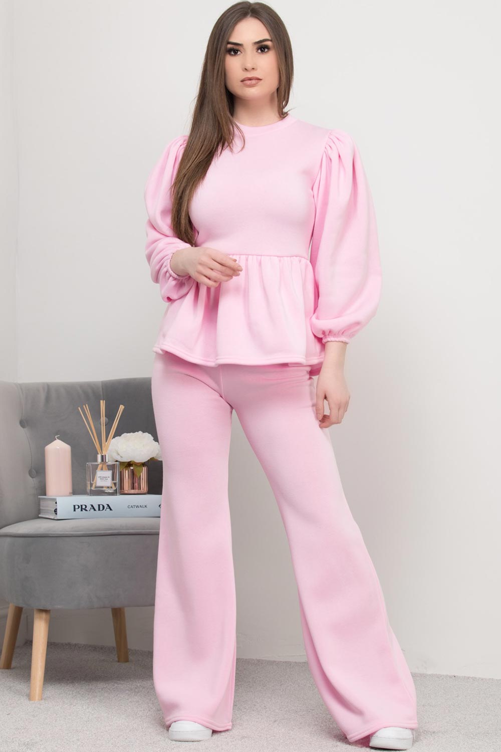pink peplum wide leg loungewear set