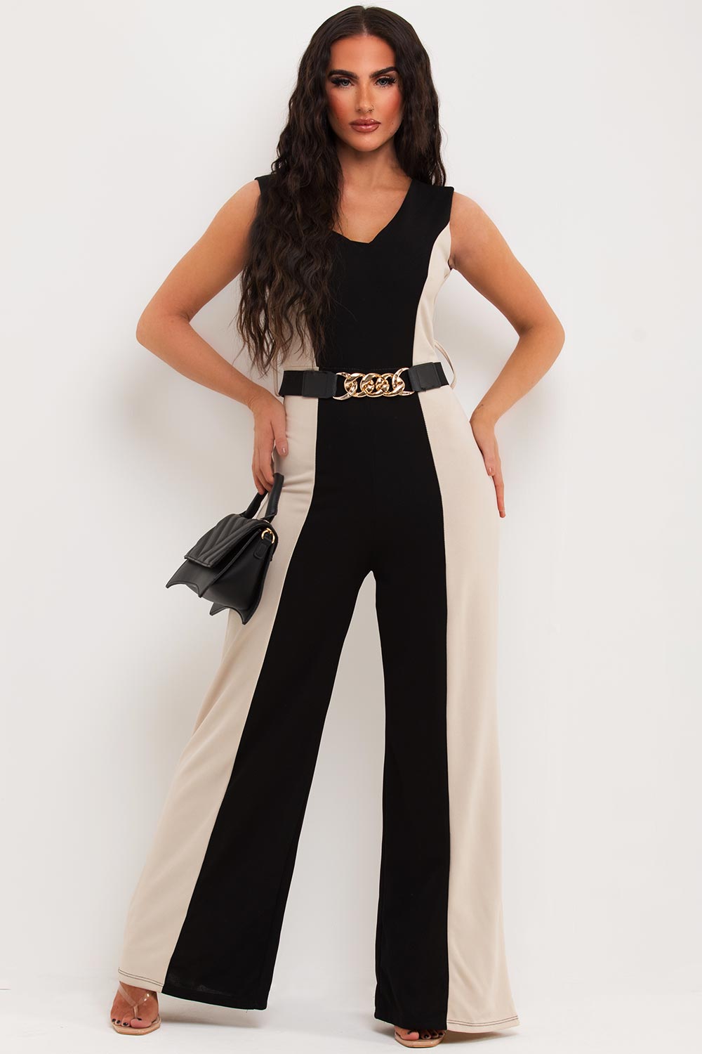 gold belt wide leg jumpsuit