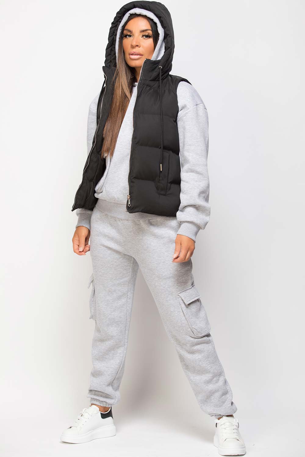 black hooded padded puffer gilet womens