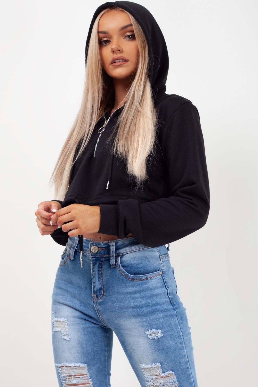womens black oversized crop hoodie
