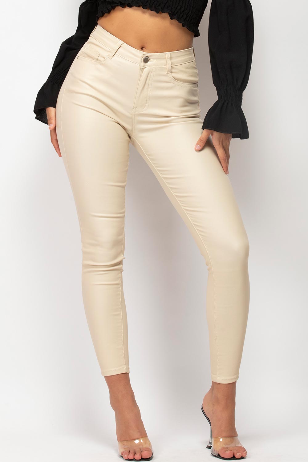 beige high waisted coated denim jeans womens