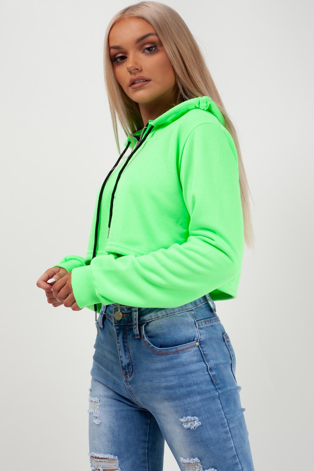 neon green drawstring waist zip front crop hoodie styledup fashion