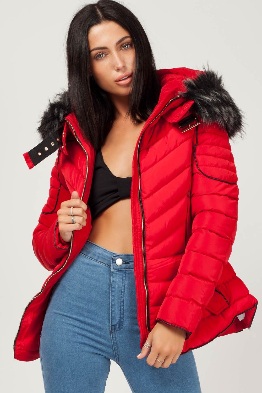 faux fur hooded puffer coat red womens