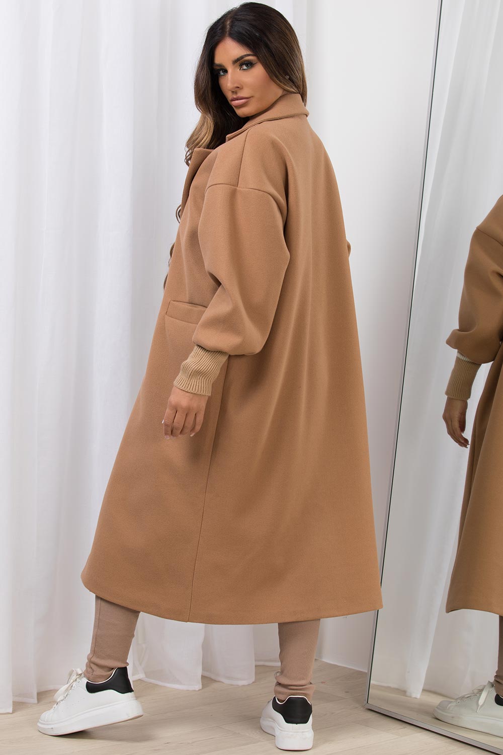 womens oversized long wool coat with ribbed cuff