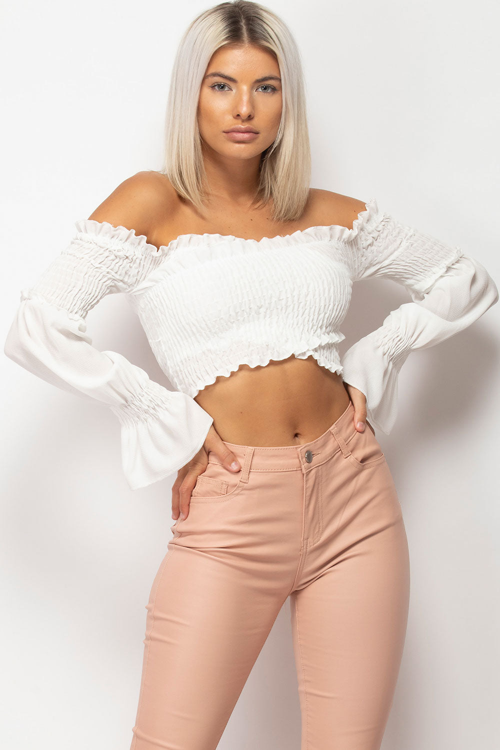 white shirred wrapover crop top