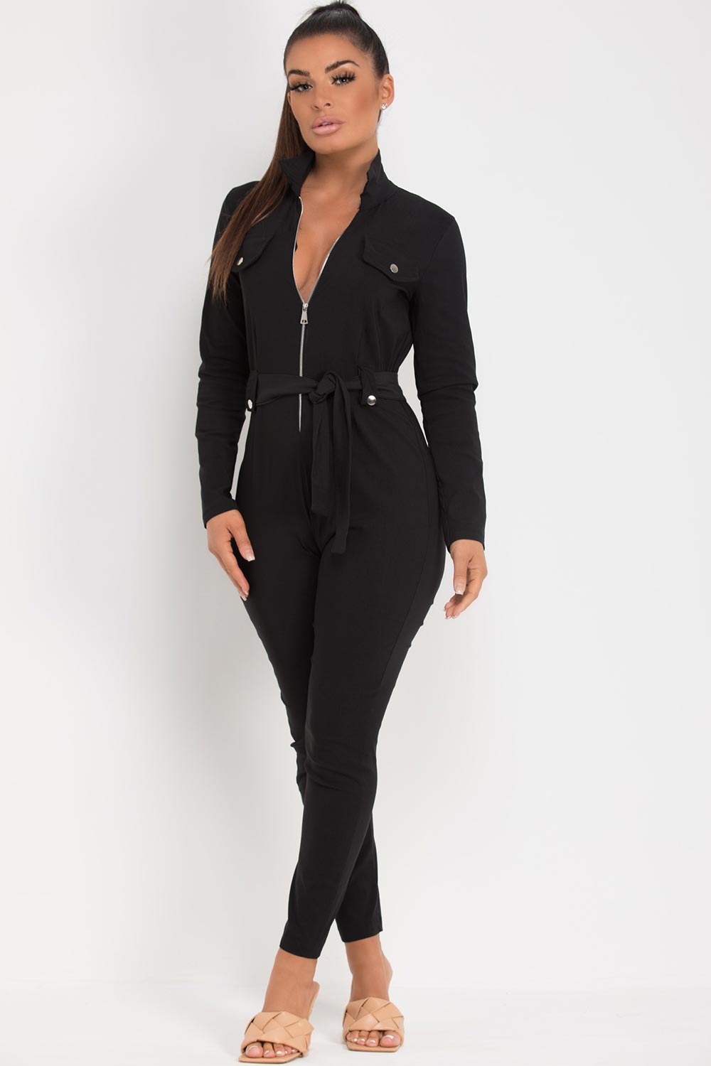 black bengaline long sleeve jumpsuit