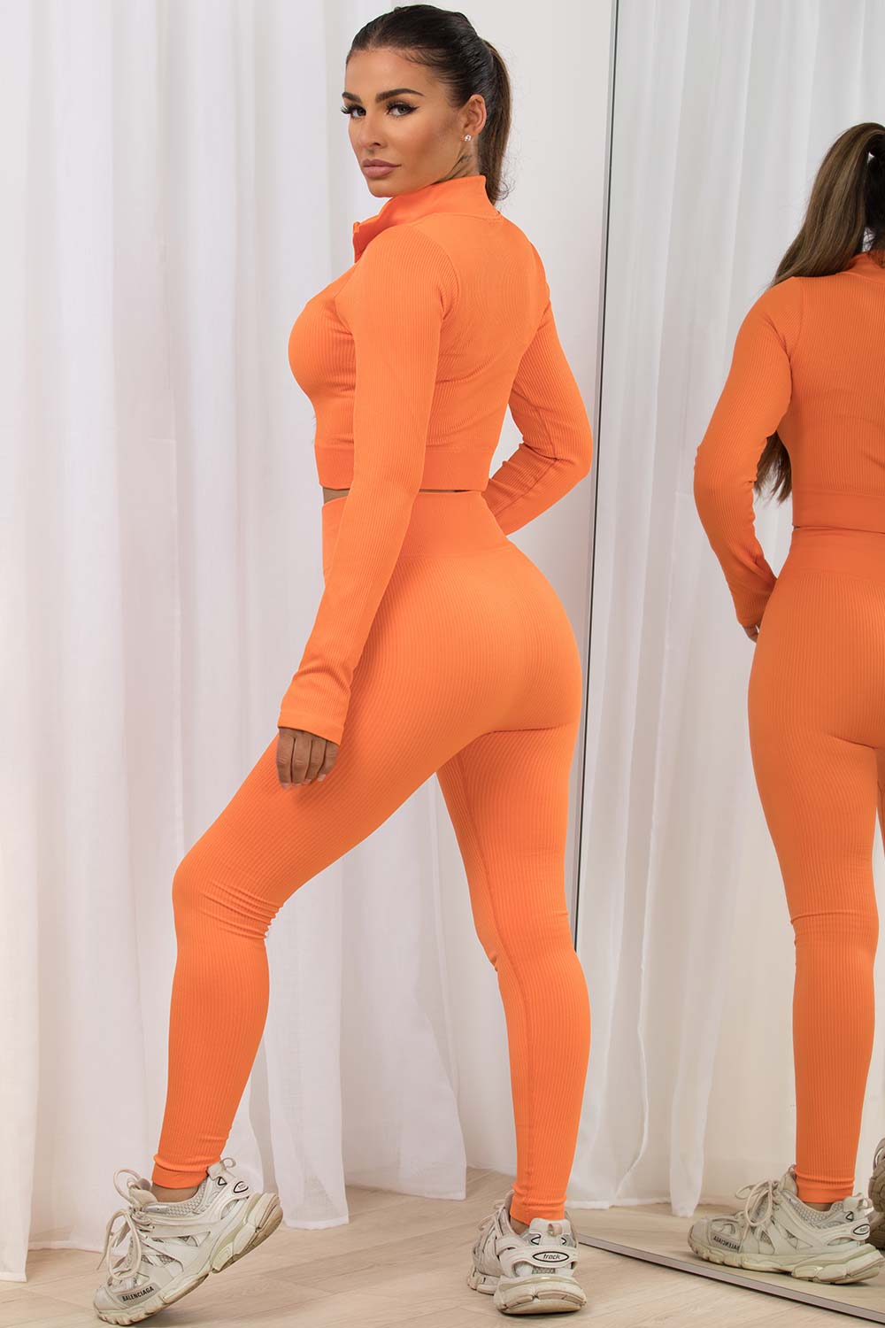 half zip ribbed lounge set orange