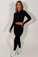 womens black zip up sports track jacket bralette and seamless leggings 3 piece co ord set lululemon yoga activewear outfit 
