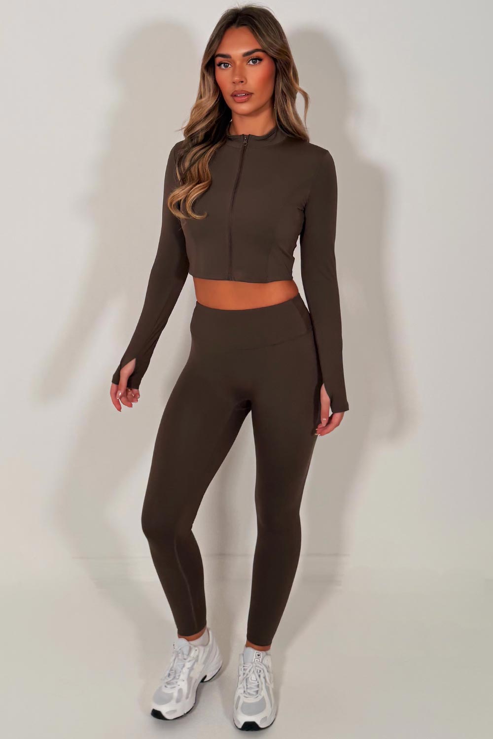 womens brown zip up sports track jacket bralette and seamless leggings 3 piece co ord set lululemon yoga activewear outfit 