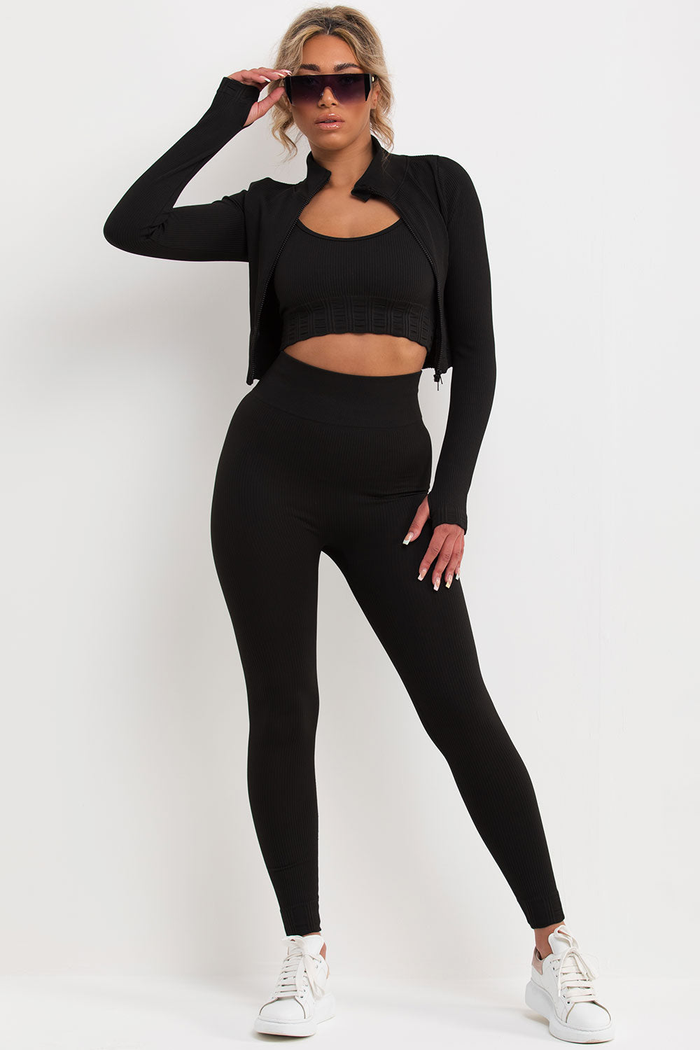 3 Piece Gym Set Ribbed Co Ord Black Active Wear –