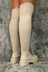 womens knee high sock boots beige
