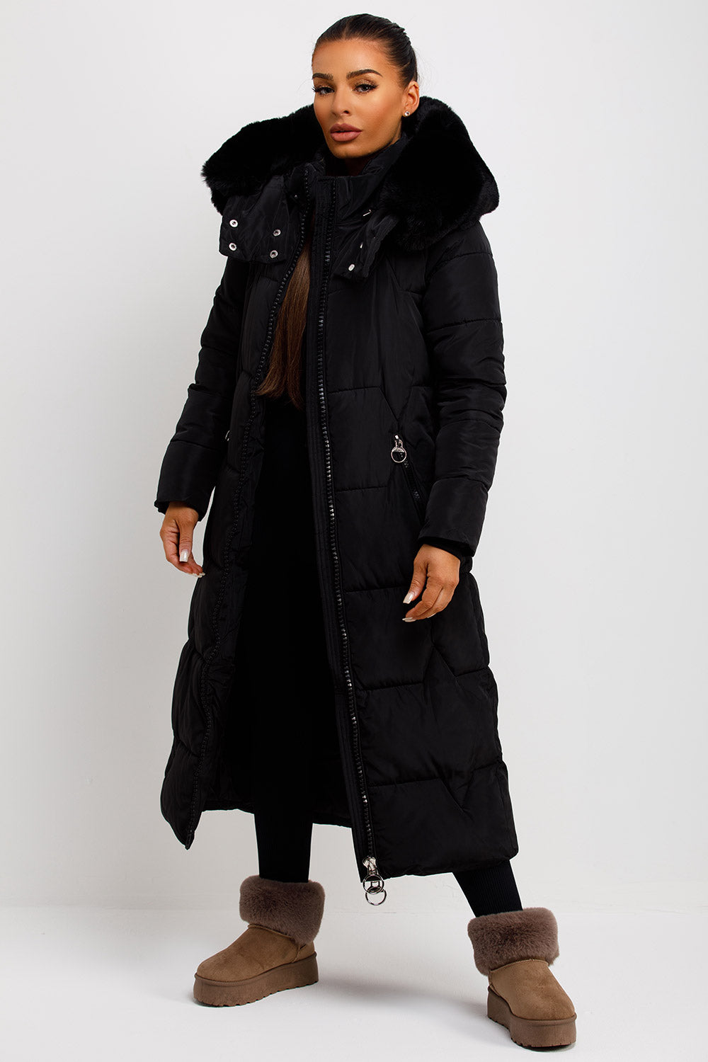womens long padded puffer coat with fur hood