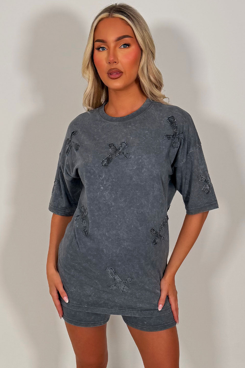 womens cross applique tee shirt and shorts summer lounge set co ord airport travel outfit styledup uk