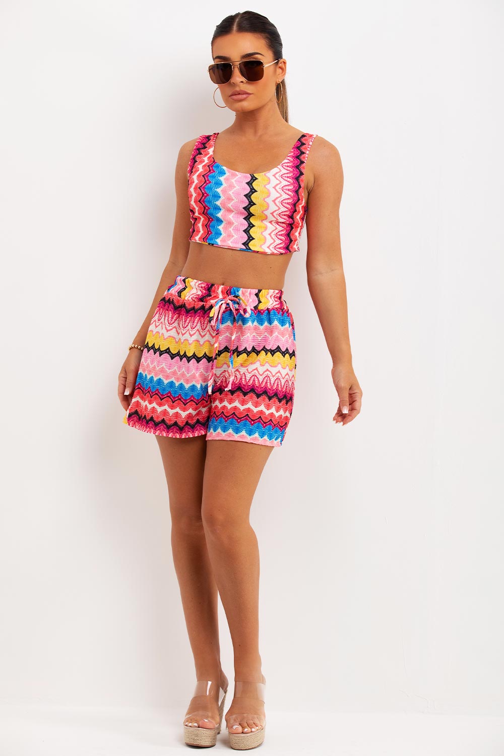 zig zag tribal print crop top and shorts co ord set