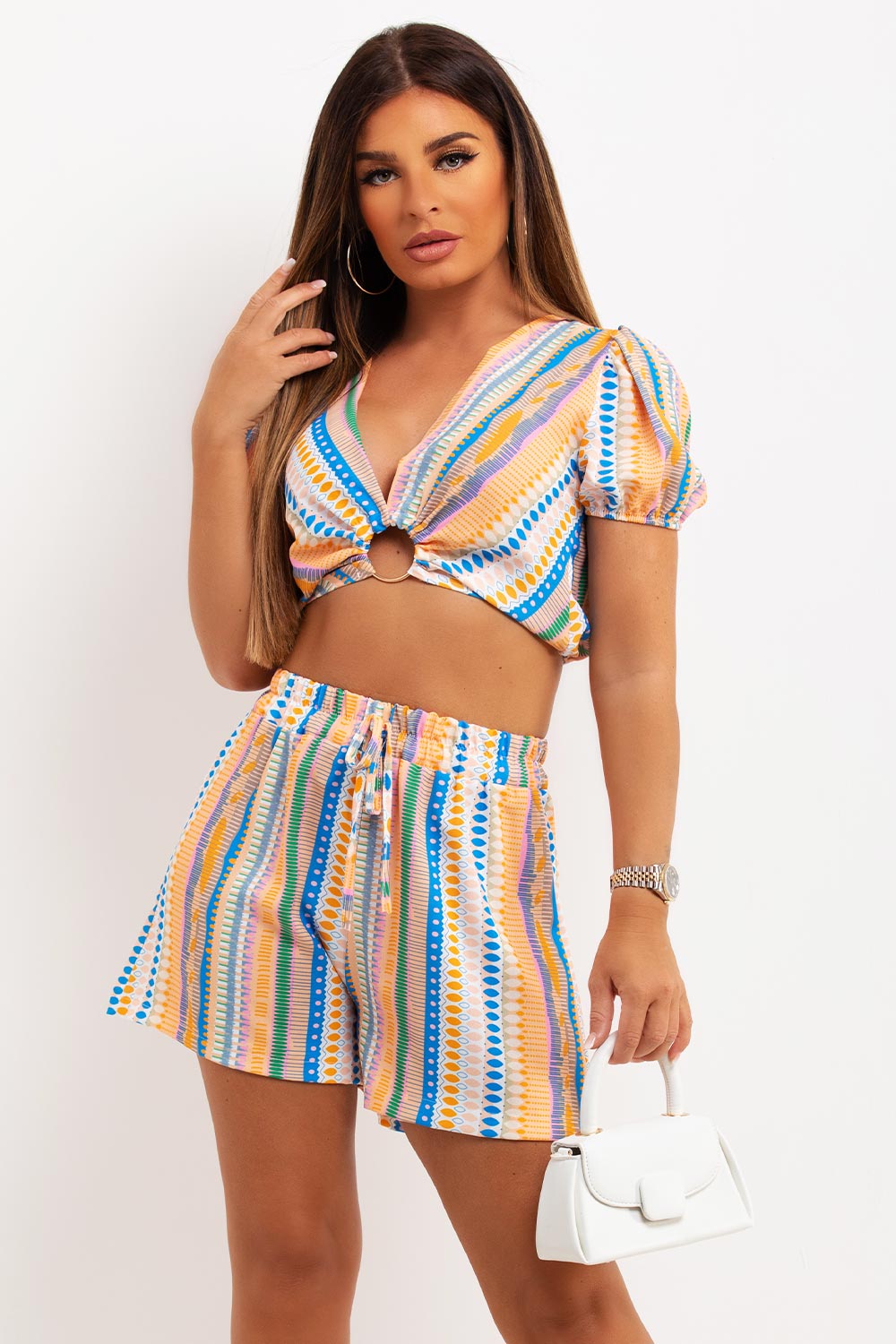 puff sleeve ring detail crop top and shorts set 