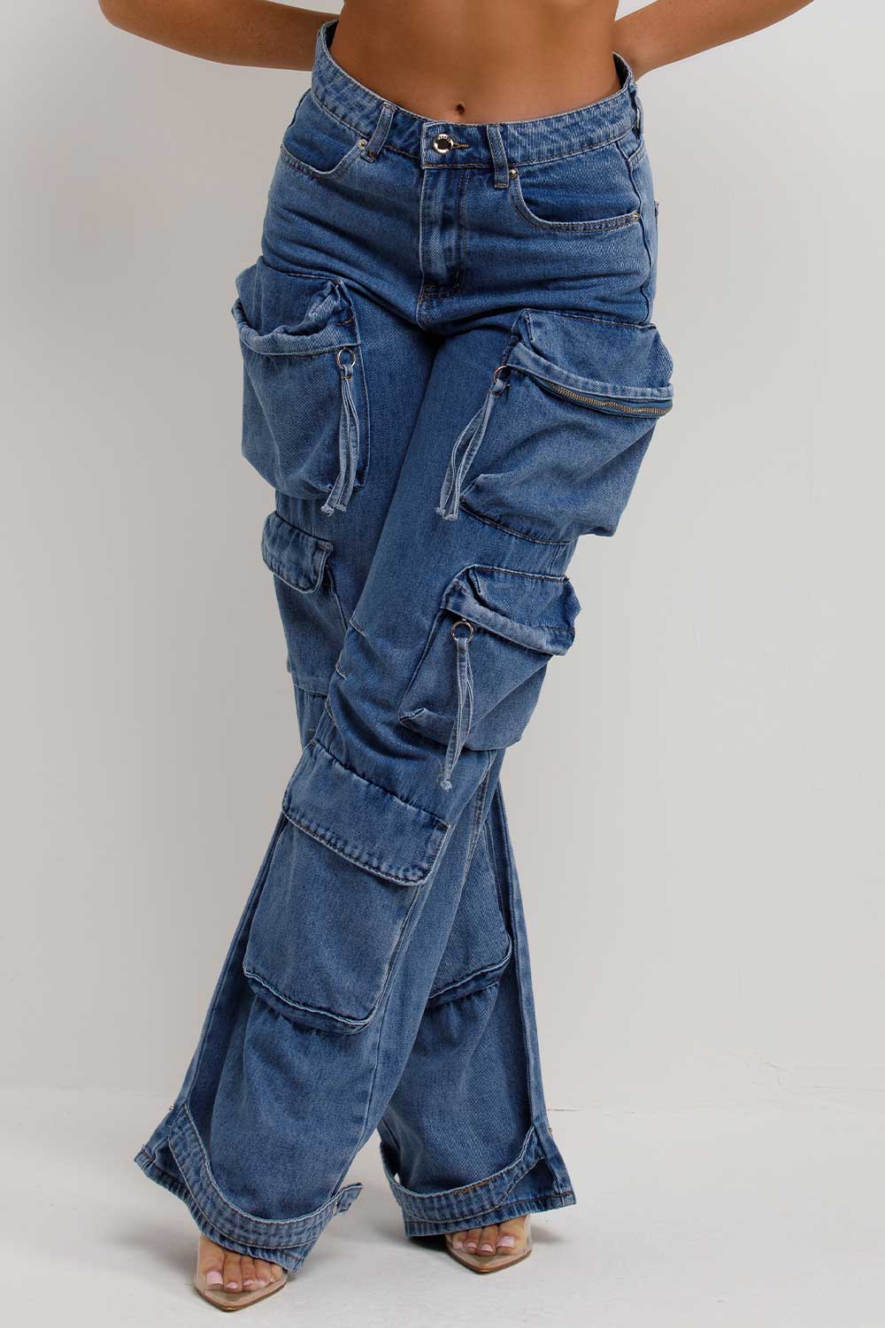 wide leg cargo pocket denim blue jeans womens