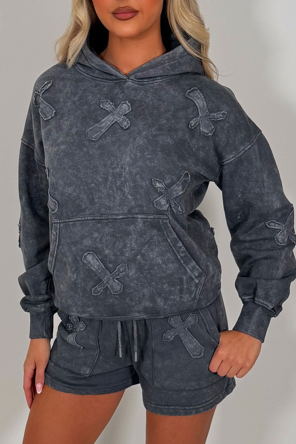 cross applique hoodie and shorts tracksuit for womens styledup uk