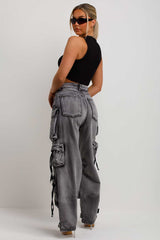 Grey Denim Cargo Jeans With Pockets
