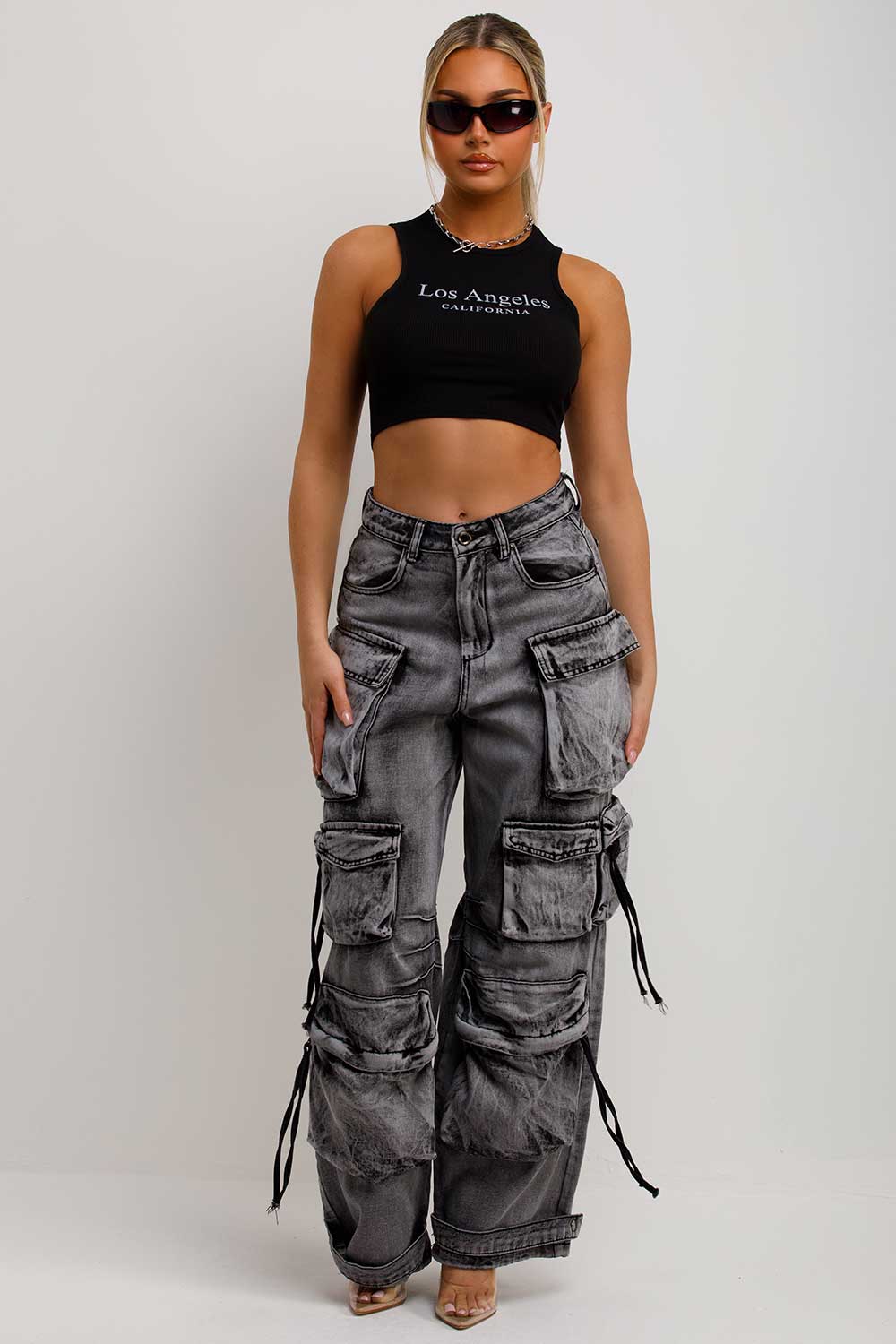 Cargo Jeans for Women High Waist Multi-Pockets Wide Leg Casual Trendy Baggy Cargo  Pants at  Women's Jeans store
