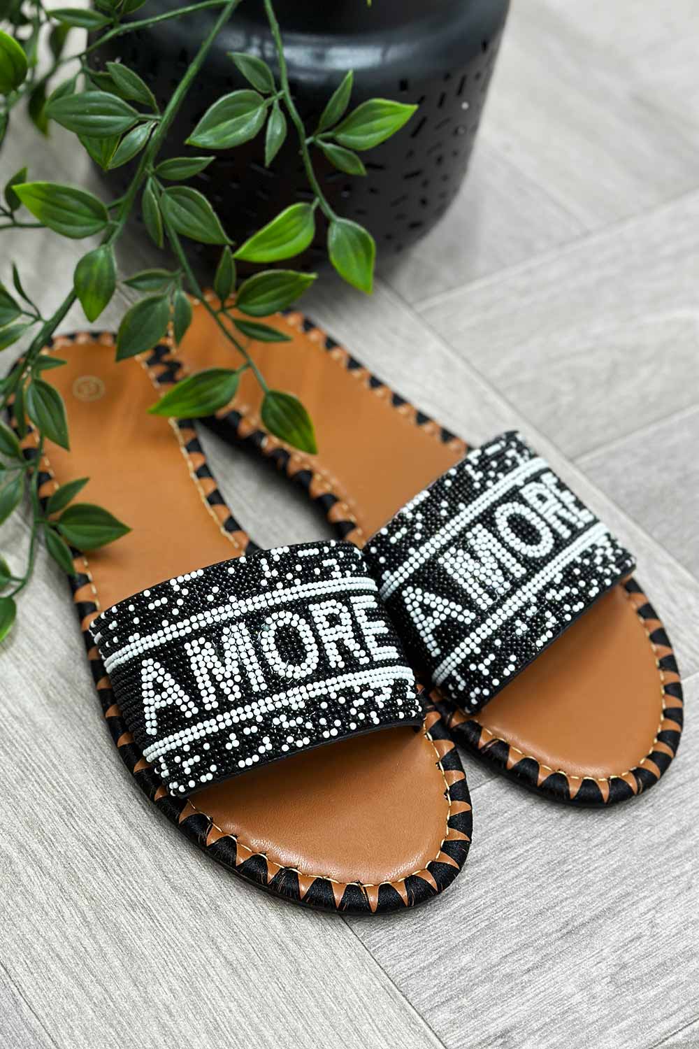 womens slip on slide sandals with amore beads