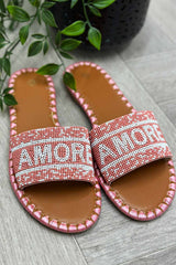womens beaded slip on slider sandals amore slogan