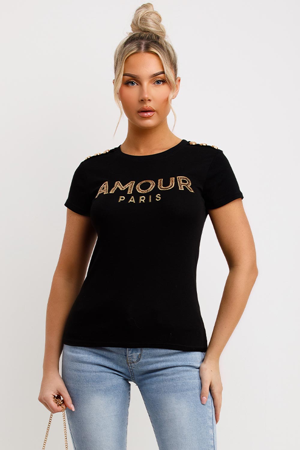 amour paris black t shirt with gold buttons