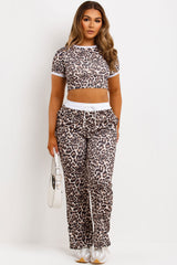 womens ribbed contrast detail loungewear set airport outfit leopard print uk