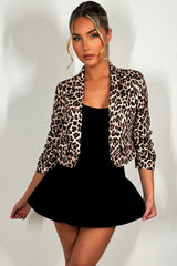 leopard print crop blazer jacket with ruched sleeves