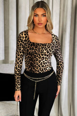 leopard print top with square neck and long sleeves
