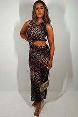 chiffon maxi dress in leopard print with frilly cut out side detail