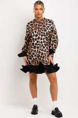 womens oversized leopard print sweatshirt with frill hem and long sleeves