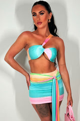 drape mini skirt and one shoulder bralet top two piece set multicolour rainbow