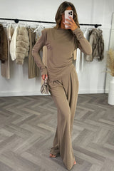 long sleeve padded puff shoulder top and trouser co ord set styledup