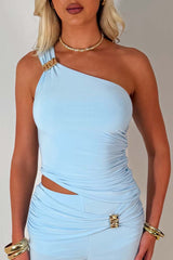 ruched front asymmetric top and trousers co ord set summer holiday occasion outfit styledup uk