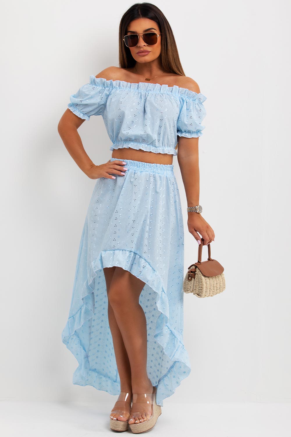 broderie anglaise high low ruffle frilly skirt and bardot crop top co ord set